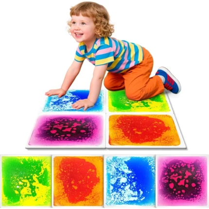 Kids sensory path made of multiple sensory floor tiles in a hallway
