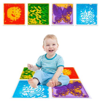Child standing on sensory liquid floor tile showing pressure-resistant durability