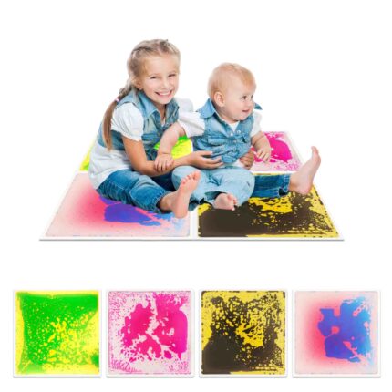 Child standing on sensory liquid floor tile showing pressure-resistant durability