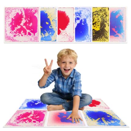 Close-up of kids sensory floor tile showing fluid color movement inside