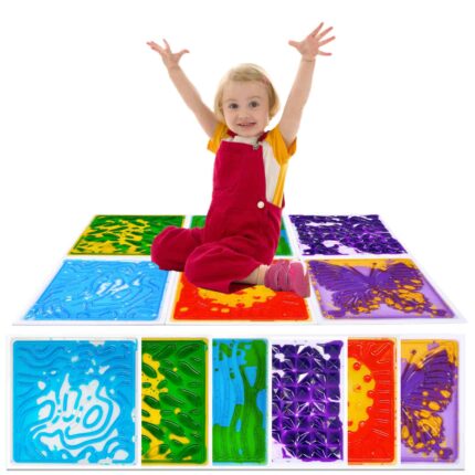 Close-up of kids sensory floor tile showing fluid color movement inside