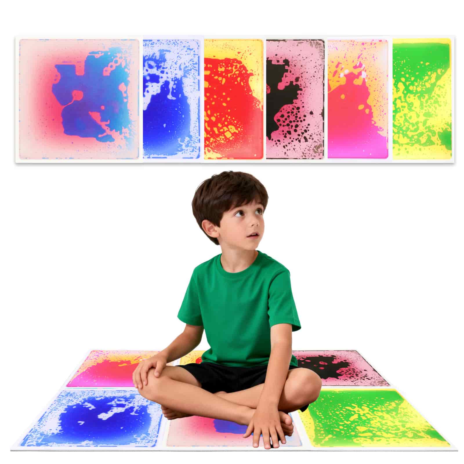 Durable Liquid Sensory Floor Tiles for Kids | Easy to Clean Child stepping on a liquid sensory floor tile, creating moving colors for calming sensory play.