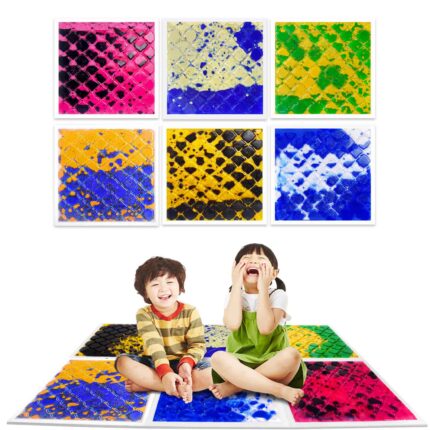 Kids sensory floor tiles set displayed in a playroom, colorful liquid motion panels for active stepping.
