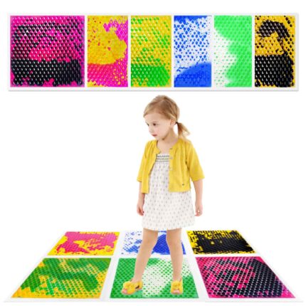 Child stepping on liquid sensory floor tile, creating colorful motion for calming sensory play