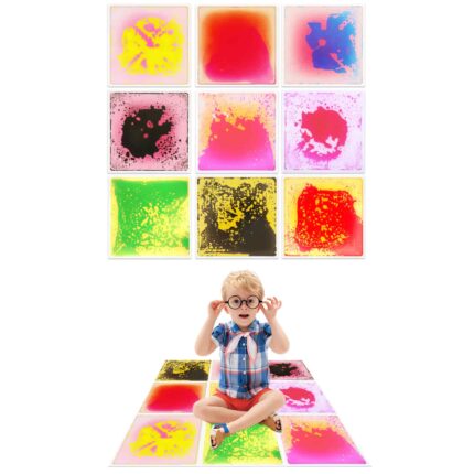 Preschool classroom sensory area with kids using liquid floor tiles