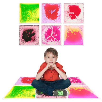 Interactive sensory floor panels used in a classroom activity area
