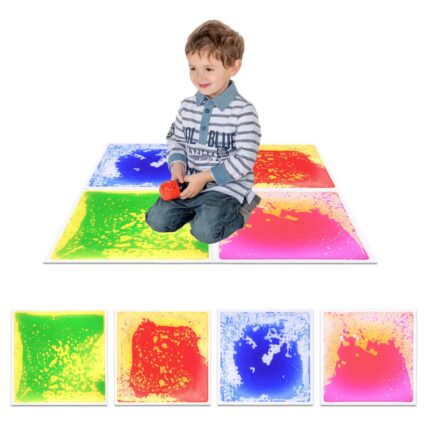 Child stepping on sensory liquid floor tiles in a home playroom