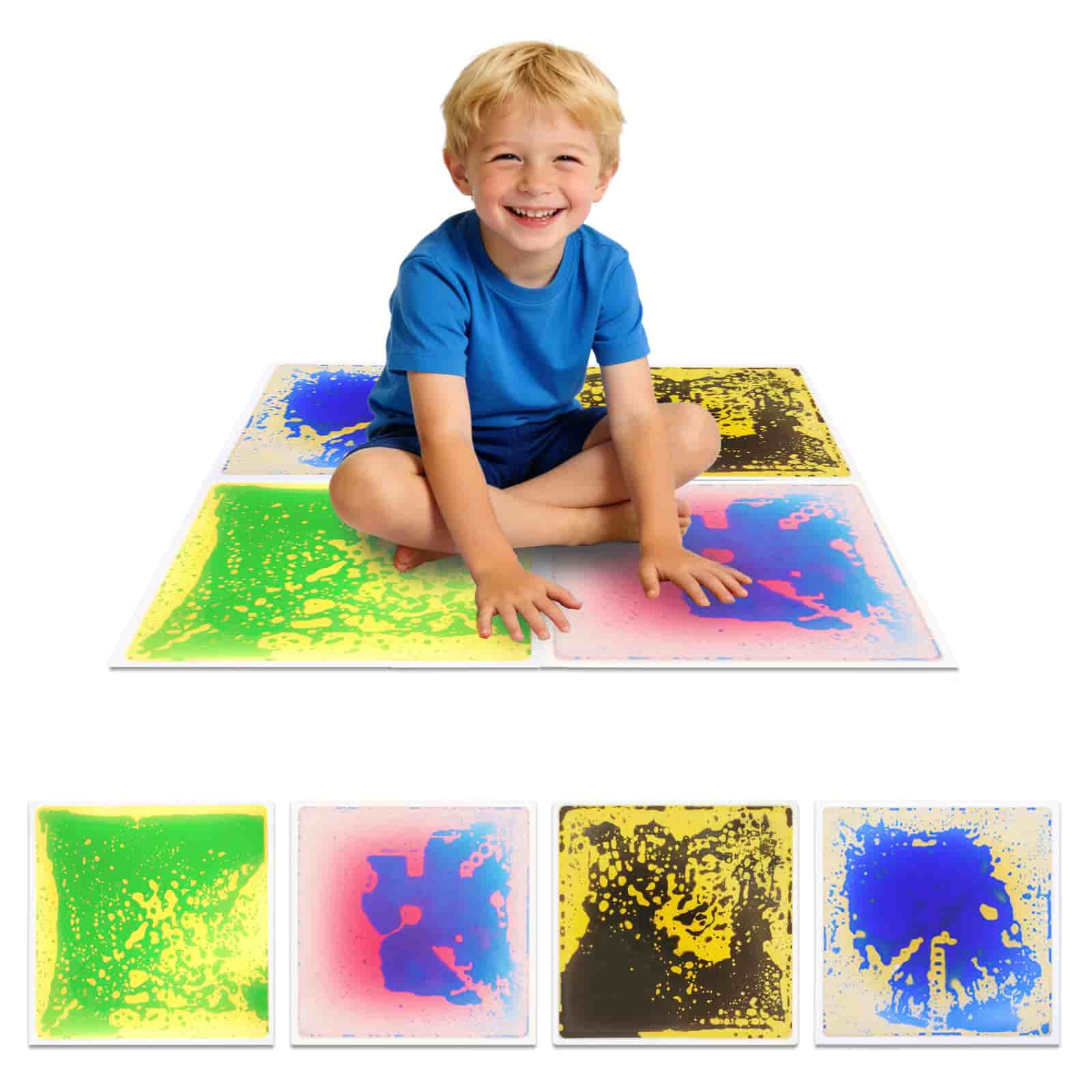 Premium Sensory Liquid Floor Tiles for Kids | Calm Down Play Child stepping on liquid sensory floor tile, creating colorful motion for calming sensory play