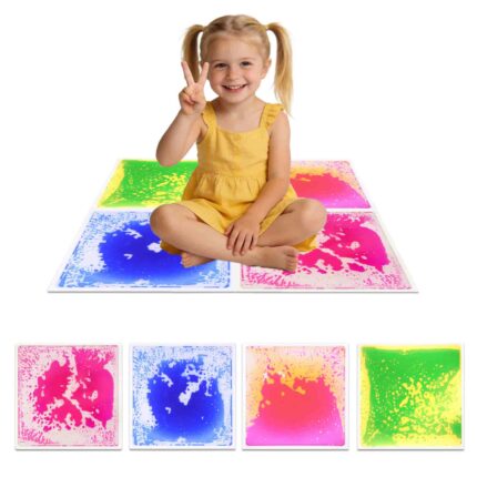 Child stepping on sensory liquid floor tile with shifting colors and patterns