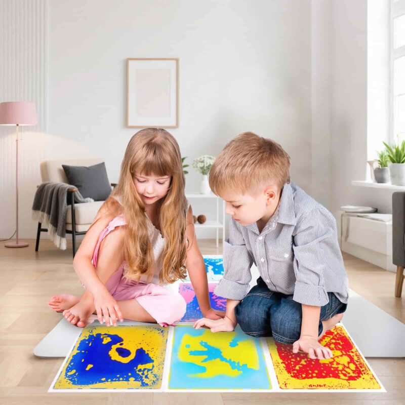 Child walking on colorful kids' liquid sensory floor mats at home