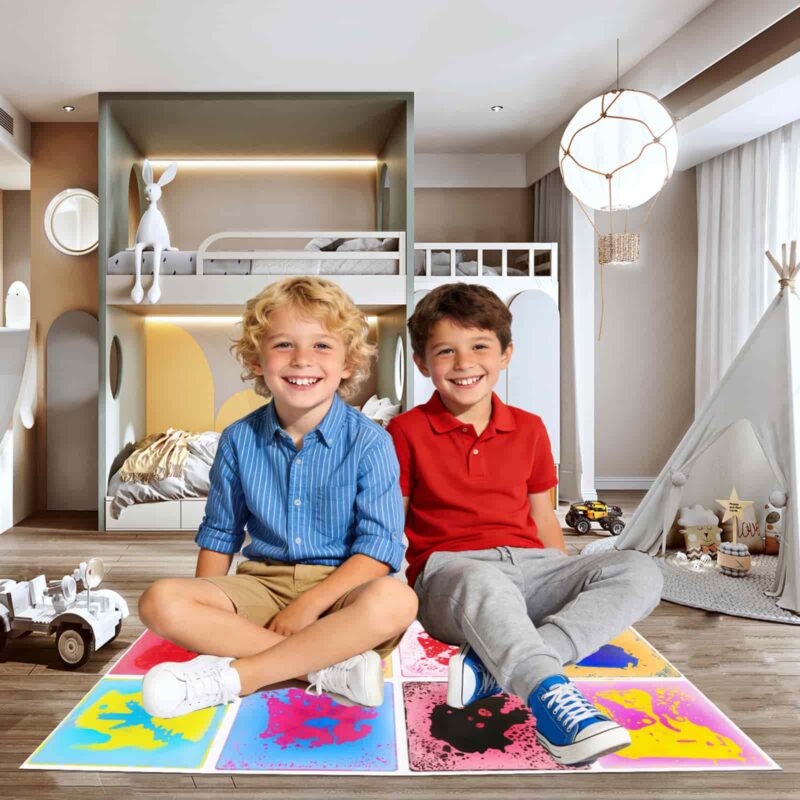 Child walking on colorful liquid sensory activity mats at home